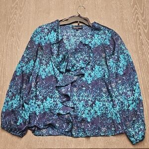 New York & Company Teal and Navy Ruffle Blouse